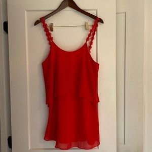 Red mini dress with flower strap detail